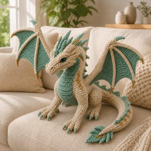 May include: A crocheted dragon plush toy featuring a cream-colored body with teal accents on the wings, spine, and tail. The creature has a detailed head with prominent ridges, large eyes, and a long, curved tail with a leaf-shaped tip.