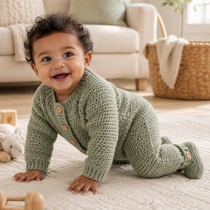 Crochet Romper Pattern, Sage Infant Coverall, Buttoned Bodysuit, Booties Set, Newborn PDF