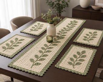 Botanical Crochet Table Runner and Placemat Set Pattern: Sage Vine PDF for Rectangular Dining Decor