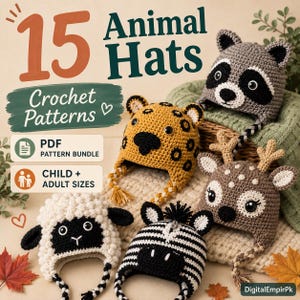 Puede incluir: Una colección de 15 patrones de ganchillo de gorros de animales con diseños de mapache, leopardo, ciervo, oveja y cebra. El texto dice 15 Animal Hats Crochet Patterns, PDF Pattern Bundle y Child + Adult Sizes. Cada gorro incluye trenzas.