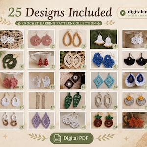 Könnte beinhalten: Eine digitale PDF-Sammlung mit 25 Häkelanleitungen für Ohrringe. Das Bild zeigt ein Raster aus 25 verschiedenen Ohrringdesigns in diversen Formen und Farben, darunter Weiß, Rosa, Beige, Grün, Blau, Schwarz und Rot. Der Text lautet 25 Designs Included.