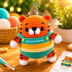 May include: A crocheted tiger keychain featuring orange yarn with black stripes, a white muzzle, and black safety eyes. The tiger wears teal and yellow striped overalls with small yellow buttons, attached to a silver metal keychain ring.