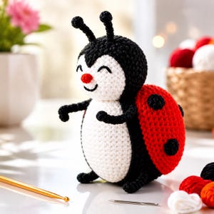 May include: A crocheted ladybug toy featuring a black head with two antennae, a white face with a red nose, and a white belly. The back of the toy is bright red with black spots. The toy has small black arms and legs and a smiling expression.