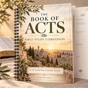 May include: A spiral-bound Bible study companion titled The Book of Acts. The cover features a sunset landscape of an ancient city with olive branch illustrations. The text reads A 28-Chapter Guided Study and Wear The Light. Interior pages are visible.