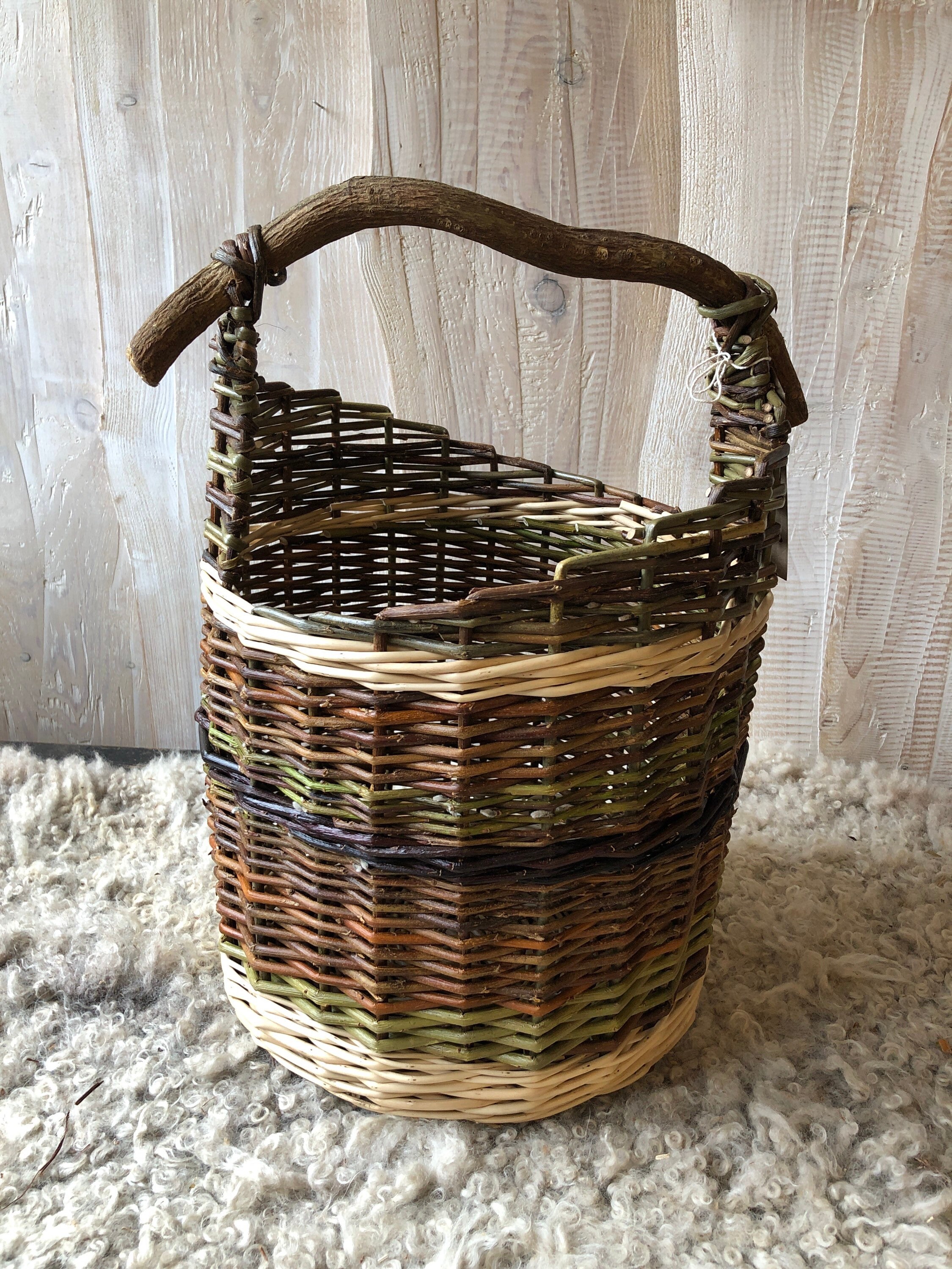Lined basket with wooden handle. Etsy