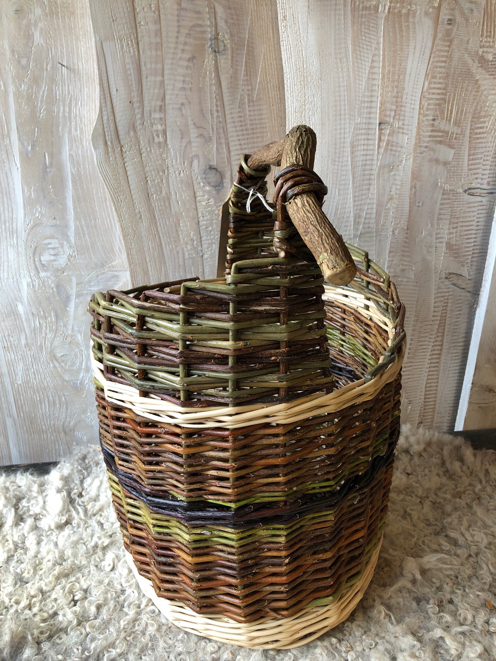 Lined basket with wooden handle. Etsy