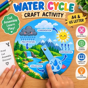 May include: A circular water cycle craft activity featuring a colorful landscape with a sun, clouds, mountains, and a river. The diagram includes labels for precipitation, condensation, evaporation, and collection, with a rotating blue pointer.
