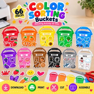 May include: A color sorting activity set featuring 66 pieces, including ten plastic buckets in red, orange, yellow, green, blue, purple, pink, brown, black, gray, and white, each labeled with its color and decorated with matching themed stickers.