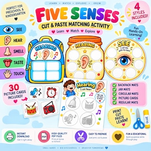 May include: A Five Senses cut and paste matching activity set featuring a blue backpack, a yellow jar, and a circular mat with an eye illustration. Includes thirty picture cards, a worksheet with a bell, drum, bird, and radio, plus scissors and glue.