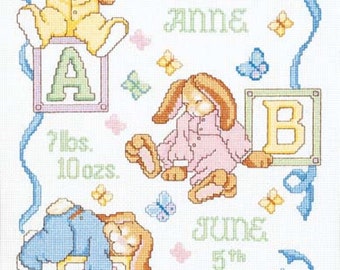 Sleepy Bunnies Birth Sampler Counted Cross Stitch Kit By Janlynn,  New Baby sampler, animal design, baby needlework