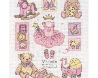 Girl Sampler Cross Stitch Kit from Anchor, Baby sampler Counted Cross Stitch, baby girl , pink baby items