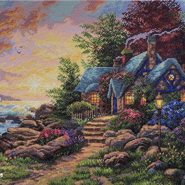 Seaside Hideaway Counted Cross Stitch Kit by Merejka, Cottage on Cliff  ,Thomas Kinkade studios,