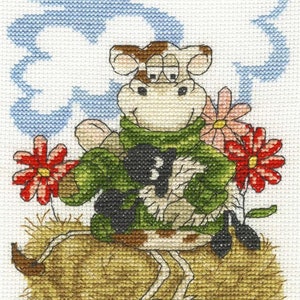 DMC Cows on the Moo-ve -Feeding Time Cross Stitch Kit BK1647, cow kit, animal kit, cartoon cow, cow feeding a lamb