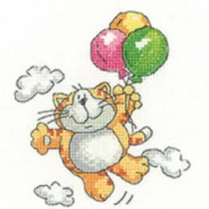 Floating Cat with Balloons Counted Cross Stitch Kit from Heritage Crafts, animal kit, cat kit