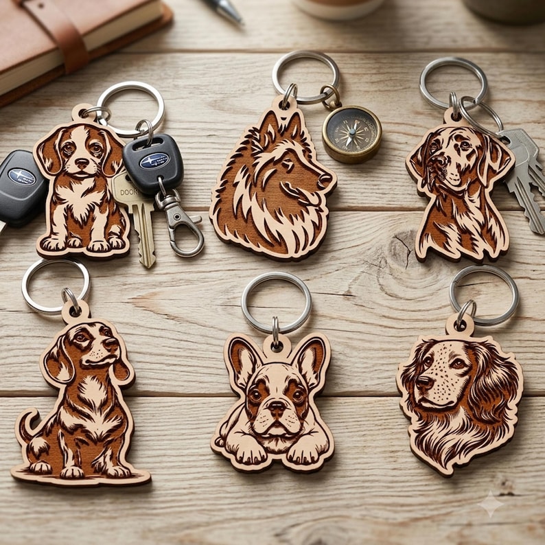 Pode incluir: Uma cole&ccedil;&atilde;o de seis porta-chaves de madeira cortados a laser com grava&ccedil;&otilde;es detalhadas de v&aacute;rias ra&ccedil;as de c&atilde;es, incluindo um beagle, um collie, um retriever, um dachshund, um bulldog franc&ecirc;s e um spaniel, cada um preso a um anel de metal.