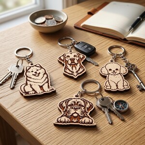 Pode incluir: Quatro porta-chaves de madeira com retratos de c&atilde;es gravados a laser, incluindo um c&atilde;o peludo, um labrador, um caniche e um bulldog. Cada porta-chaves est&aacute; preso a um anel de metal com v&aacute;rias chaves, um comando de carro e uma pequena b&uacute;ssola.