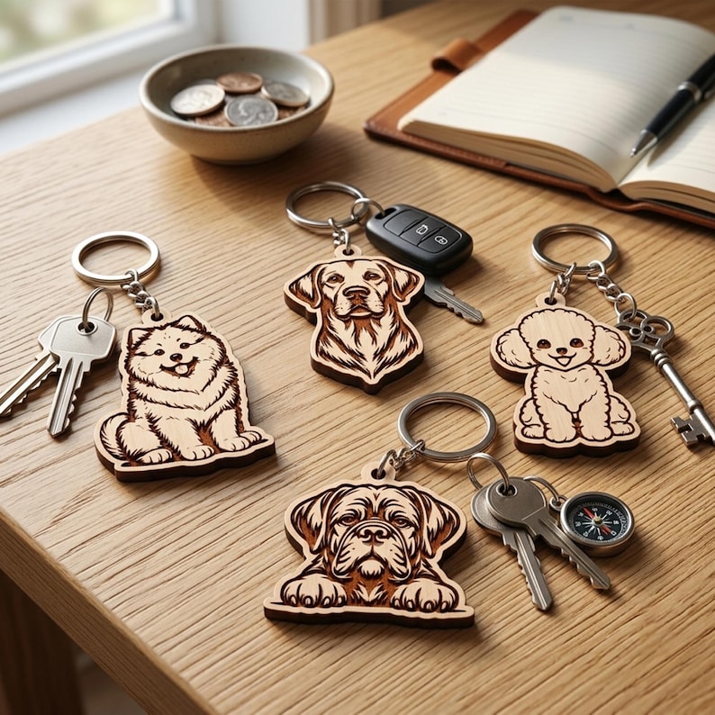 Pode incluir: Quatro porta-chaves de madeira com retratos de c&atilde;es gravados a laser, incluindo um c&atilde;o peludo, um labrador, um caniche e um bulldog. Cada porta-chaves est&aacute; preso a um anel de metal com v&aacute;rias chaves, um comando de carro e uma pequena b&uacute;ssola.
