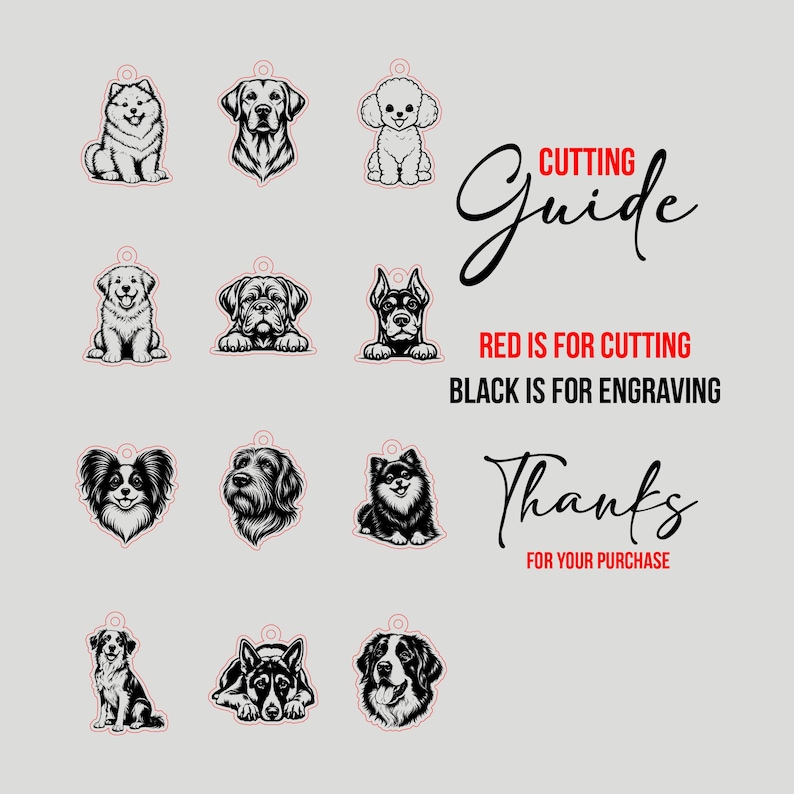 Pode incluir: Um guia de corte digital com doze ilustra&ccedil;&otilde;es de c&atilde;es em preto e branco com contornos vermelhos. O texto diz: Cutting Guide, Red is for cutting, Black is for engraving, Thanks for your purchase. Cada &iacute;cone tem um pequeno furo no topo.