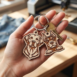 Pode incluir: Dois porta-chaves de madeira presos a um anel de metal prateado, um com um retrato gravado a laser de um Labrador retriever e o outro de um Doberman com as patas vis&iacute;veis. Uma chave de metal cor de lat&atilde;o tamb&eacute;m est&aacute; presa ao anel.