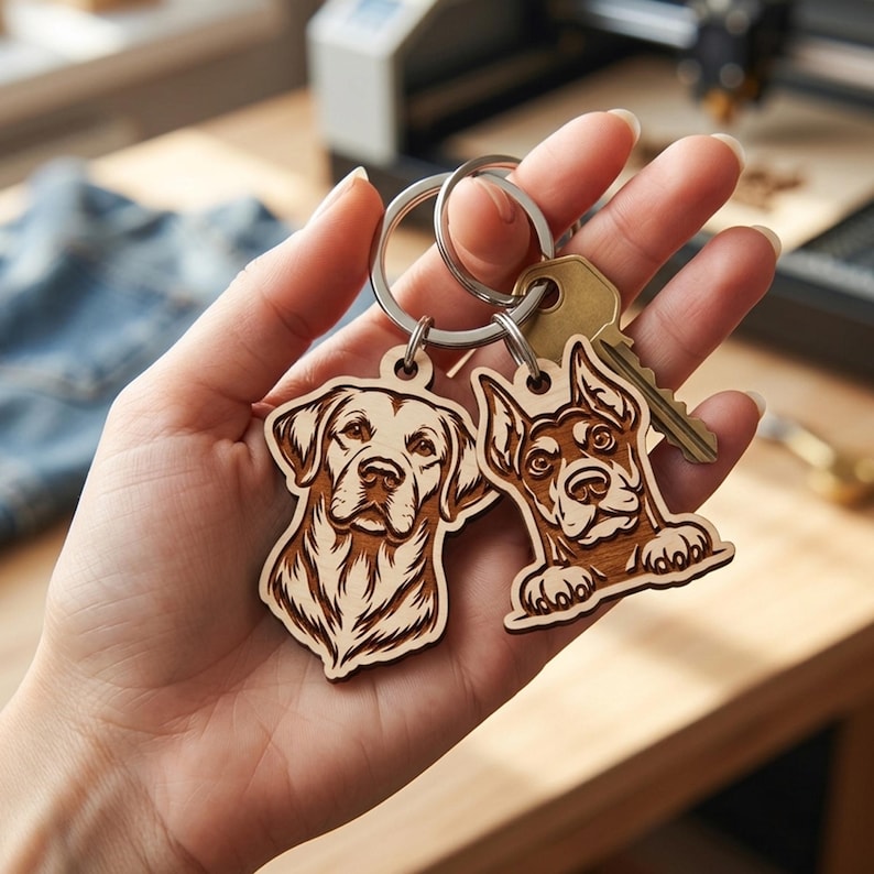 Pode incluir: Dois porta-chaves de madeira presos a um anel de metal prateado, um com um retrato gravado a laser de um Labrador retriever e o outro de um Doberman com as patas vis&iacute;veis. Uma chave de metal cor de lat&atilde;o tamb&eacute;m est&aacute; presa ao anel.
