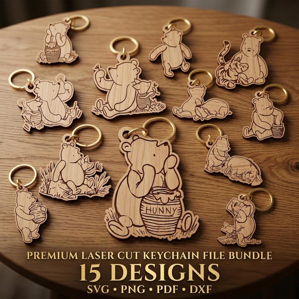Classic Winnie-the-Pooh Keychain SVG Bundle, Vintage Pooh Laser Cut Files, Baby Shower Keychain, Baby Gift Keychain, Party Favor, Glowforge
