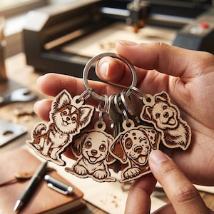 Pode incluir: Um porta-chaves de metal prateado com quatro pingentes de madeira distintos, cada um apresentando uma ilustra&ccedil;&atilde;o gravada a laser de uma ra&ccedil;a de c&atilde;o diferente. Os pingentes retratam um c&atilde;o de pelo comprido, um cachorro, um c&atilde;o malhado e um c&atilde;o peludo.
