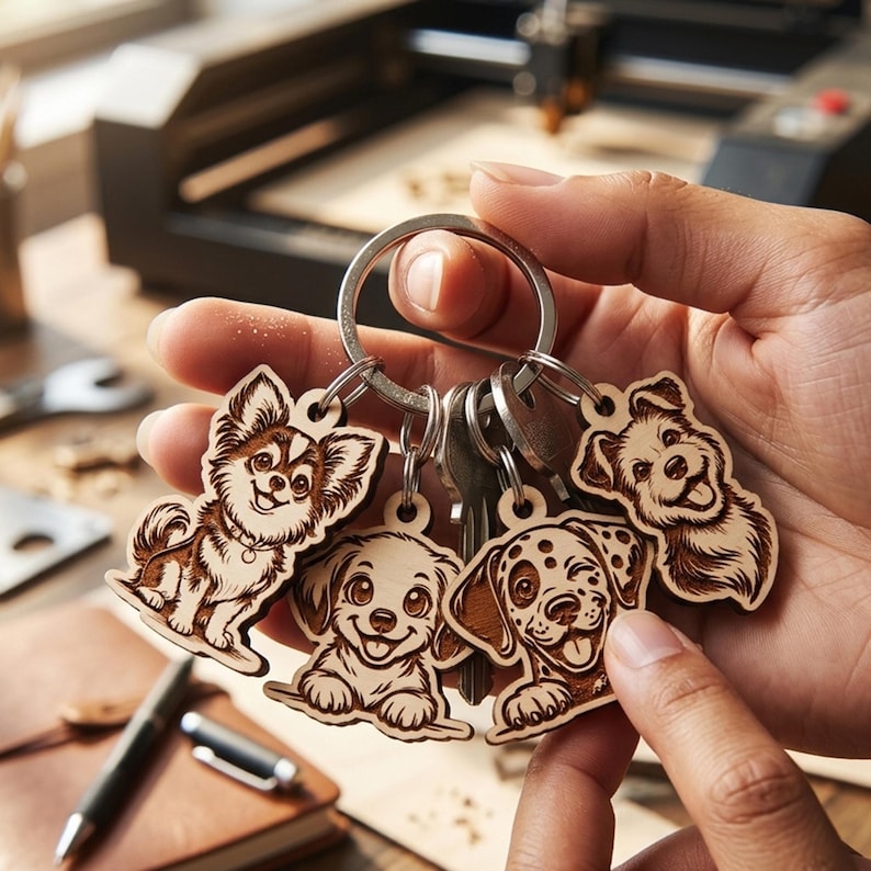 Pode incluir: Um porta-chaves de metal prateado com quatro pingentes de madeira distintos, cada um apresentando uma ilustra&ccedil;&atilde;o gravada a laser de uma ra&ccedil;a de c&atilde;o diferente. Os pingentes retratam um c&atilde;o de pelo comprido, um cachorro, um c&atilde;o malhado e um c&atilde;o peludo.