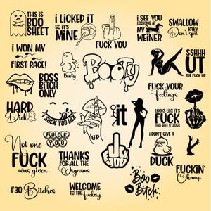 May include: A collection of black graphic designs on a light background featuring various phrases and illustrations including ghosts, lips, hands making gestures, silhouettes, and ducks with explicit text and adult-themed imagery throughout the set.