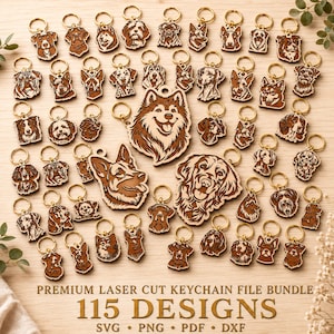 May include: A collection of wooden dog breed keychains featuring various canine portraits with gold-tone metal rings. The image includes the text PREMIUM LASER CUT KEYCHAIN FILE BUNDLE 115 DESIGNS SVG PNG PDF DXF, showcasing detailed laser-engraved dog faces.