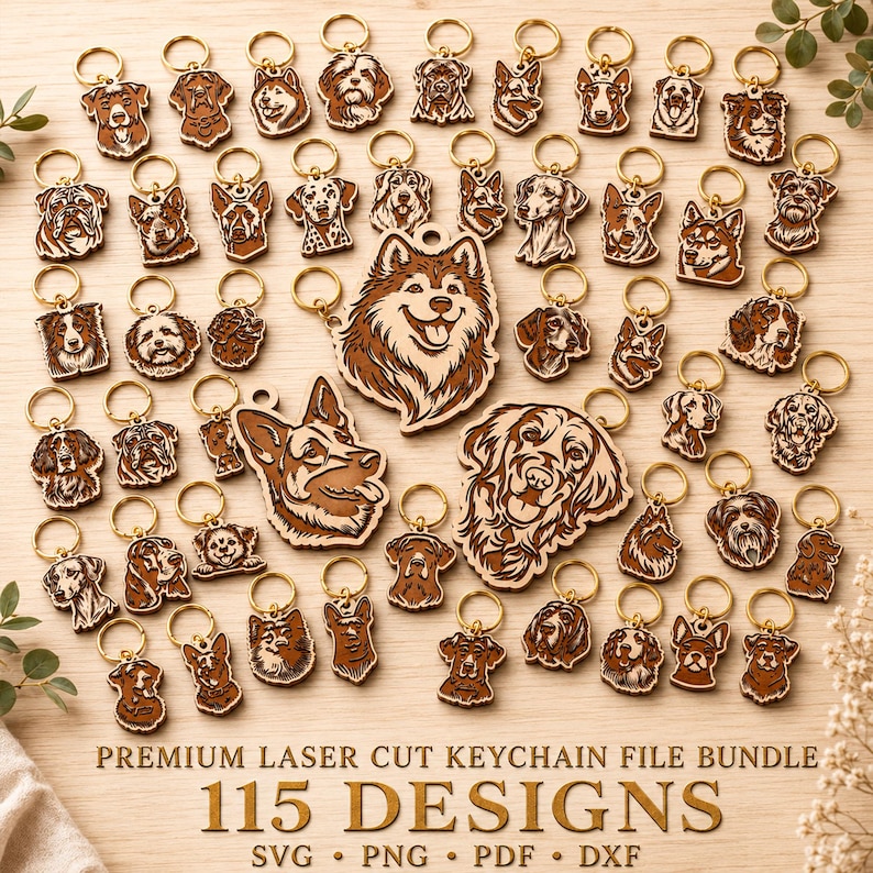 Pode incluir: Uma cole&ccedil;&atilde;o de porta-chaves de madeira com v&aacute;rios retratos de c&atilde;es e argolas de metal dourado. A imagem inclui o texto PREMIUM LASER CUT KEYCHAIN FILE BUNDLE 115 DESIGNS SVG PNG PDF DXF, exibindo rostos de c&atilde;es detalhados gravados a laser.