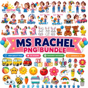 Könnte beinhalten: Eine digitale Sammlung von Grafiken zum Thema Ms. Rachel mit Cartoon-Illustrationen einer Frau, einer Handpuppe, Teddybären, Zahlen, Buchstaben, einem Schulbus, einem Auto, einem Regenbogen, einer Sonne, einer Blume und verschiedenen Symbolen.