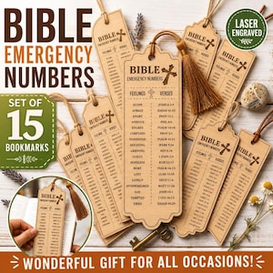 May include: A set of 15 light brown wooden bookmarks featuring laser-engraved text titled BIBLE EMERGENCY NUMBERS. Each bookmark lists feelings and corresponding Bible verses, topped with a hole and a brown tassel. One bookmark is shown in use.
