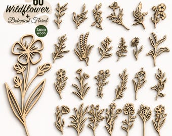 Wildflower Forest Art Laser Svg Bundle, Floral Laser Cut Files, Botanical Flower SVG, Glowforge Files, Wildlife Decor Wood Cut Laser Art