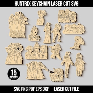 Puede incluir: Una colección de 15 diseños de llaveros de madera clara con personajes de estilo anime cortados con láser y el texto KPOP DEMON HUNTERS. El conjunto incluye varias ilustraciones de personajes individuales y grupales para corte láser.