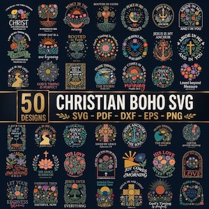 Puede incluir: Una colección digital de 50 diseños gráficos de temática cristiana con motivos florales, cruces, anclas y textos inspiradores. Las ilustraciones incluyen varios soles, árboles y paisajes en un estilo detallado y colorido.