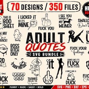 Może przedstawiać: Cyfrowa kolekcja 70 czarnych projektów graficznych i cytatów na jasnym tle, zawierająca frazy takie jak 'This is Boo Sheet', 'I Licked It So It's Mine', 'Fuck You' oraz 'Adult Quotes SVG Bundle' wraz z różnymi ilustracjami.