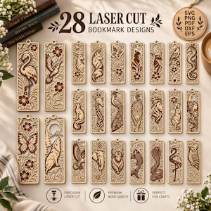 May include: A collection of 28 rectangular wooden bookmarks featuring intricate laser-cut designs of animals, flowers, and nature scenes. Each bookmark includes a small hole at the top. The text 28 LASER CUT BOOKMARK DESIGNS is displayed at the top.