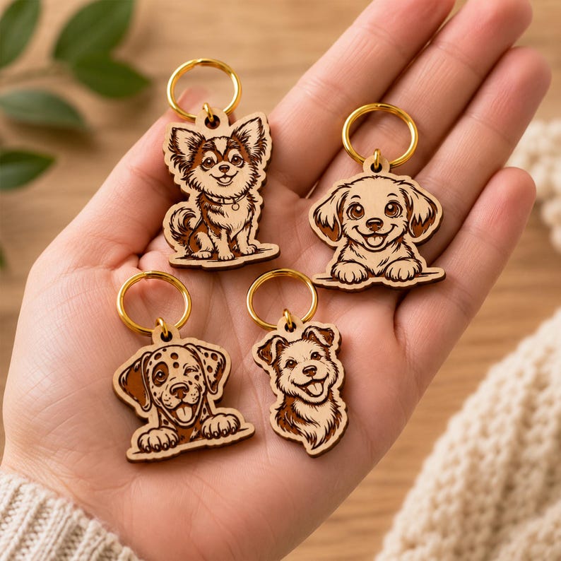 Pode incluir: Quatro pequenos porta-chaves de madeira com ilustra&ccedil;&otilde;es gravadas a laser de diferentes ra&ccedil;as de c&atilde;es. Cada porta-chaves tem um anel de metal dourado fixado no topo. Os desenhos incluem um c&atilde;o de pelo comprido, um cachorro, um c&atilde;o com manchas e um pequeno terrier.
