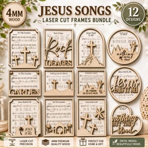 以下が含まれることがあります： 宗教的な歌をテーマにしたレーザーカット木製フレーム12個セット。厚さ4mmの各木製ピースは、楽譜を背景に、十字架、丘、Jesus Paid It AllやRock of Agesといったテキストのレイヤーカットアウトが施されています。