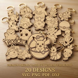 May include: A collection of twenty laser-cut wooden keychains featuring various Pokemon characters and a Pokeball, with the text PREMIUM POKEMON LASER CUT KEYCHAIN FILE BUNDLE 20 DESIGNS SVG PNG PDF DXF displayed at the bottom of the image.