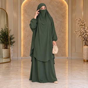 2 Piece Khimar Abaya Set with Face Cover and Maxi Skirt, Modest Muslim Prayer Dress for Women, Long Jilbab with Elastic Cuffs, Everyday Wear