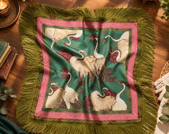 Satin Crane Print Scarf, Elegant Women’s Silk Feel Neck Shawl