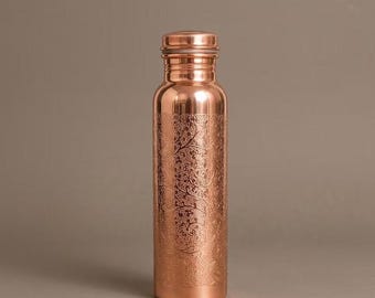 Handcrafted 100% Pure Copper Water Bottle 1000ml with Floral Engraving | Ayurvedic Tamba Bottle | Leakproof Copper Drinkware Gift