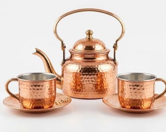 Handmade Pure Copper Tea Kettle Set  | Hammered Kettle Cup Saucer Set | Vintage Indian Tea Kettle Set, Luxury Serveware Gift , copper kettle