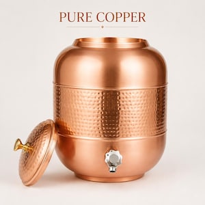 12L Pure Copper Water Dispenser, Hammered Copper Water Tank, Large Copper Jug with Tap, Traditional Indian Drinkware, Home Kitchen