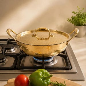 Handgefertigter Kadai aus reinem Messing mit Deckel, verzinnter Kochtopf aus Messing, traditionelles indisches Kochgeschirr, Messing-Kochschüssel, Einzugsgeschenk