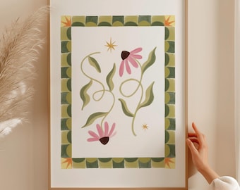 Pink Daisy Balance Druck | Moderne Blumenkunst | Retro botanisches Dekor