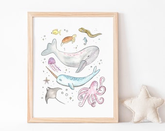 Ocean creatures watercolor painting - boy's room wall art - under the sea art print - sea creatures watercolor - whales, octopus, stingray