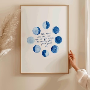 Maanfasenprint met inspirerend citaat: aquarel hemelse muur, grappige boho-slaapkamerillustratie afbeelding 1