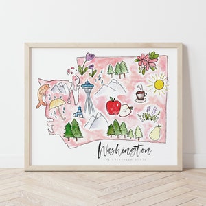 Washington State Karte, Aquarell Washington, Bucket Geschenk, Washington Geschenk, Aquarell Karte, Stadt Karte Wandkunst, Housewarming Geschenk, Girly Home